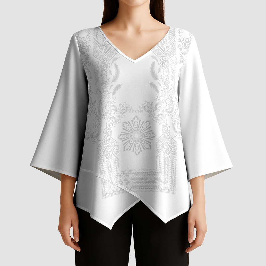 Philippines Barong Style Kimono Sleeve Blouse with Polynesian Art and Leaf Motif White Color LT03 - Polynesian Pride
