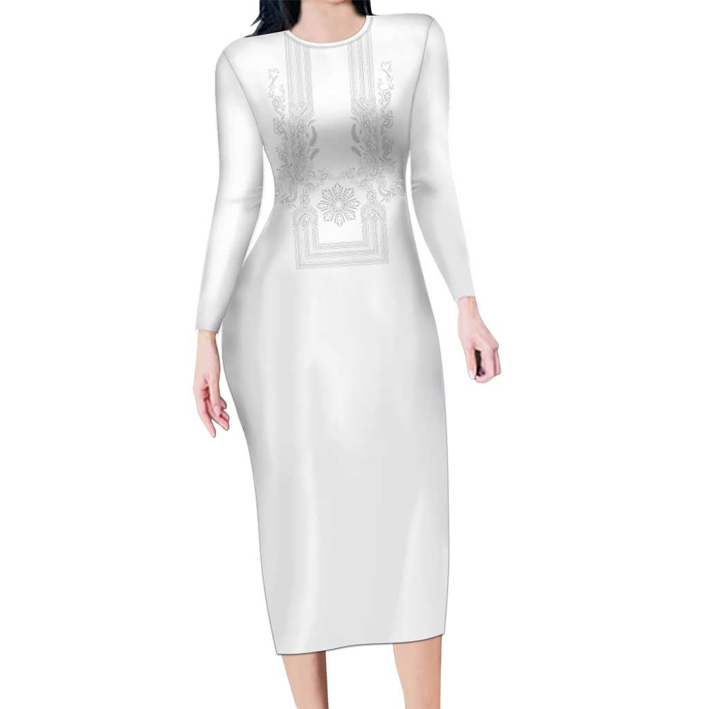 Philippines Barong Style Long Sleeve Bodycon Dress with Polynesian Art and Leaf Motif White Color LT03 Long Dress White - Polynesian Pride