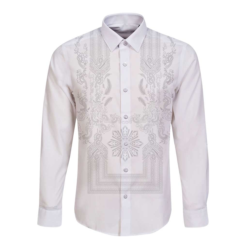Philippines Barong Style Long Sleeve Button Shirt with Polynesian Art and Leaf Motif White Color LT03 Unisex White - Polynesian Pride