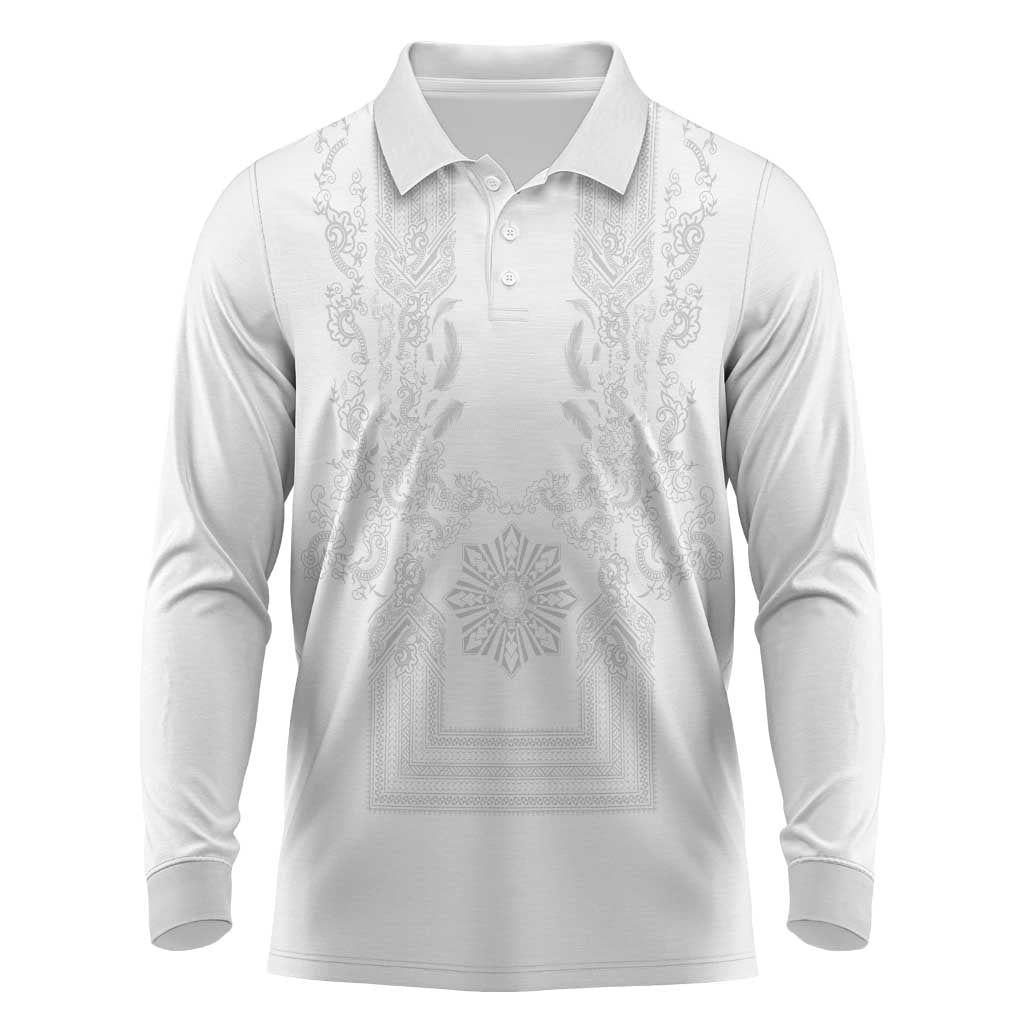 Philippines Barong Style Long Sleeve Polo Shirt with Polynesian Art and Leaf Motif White Color LT03 White - Polynesian Pride
