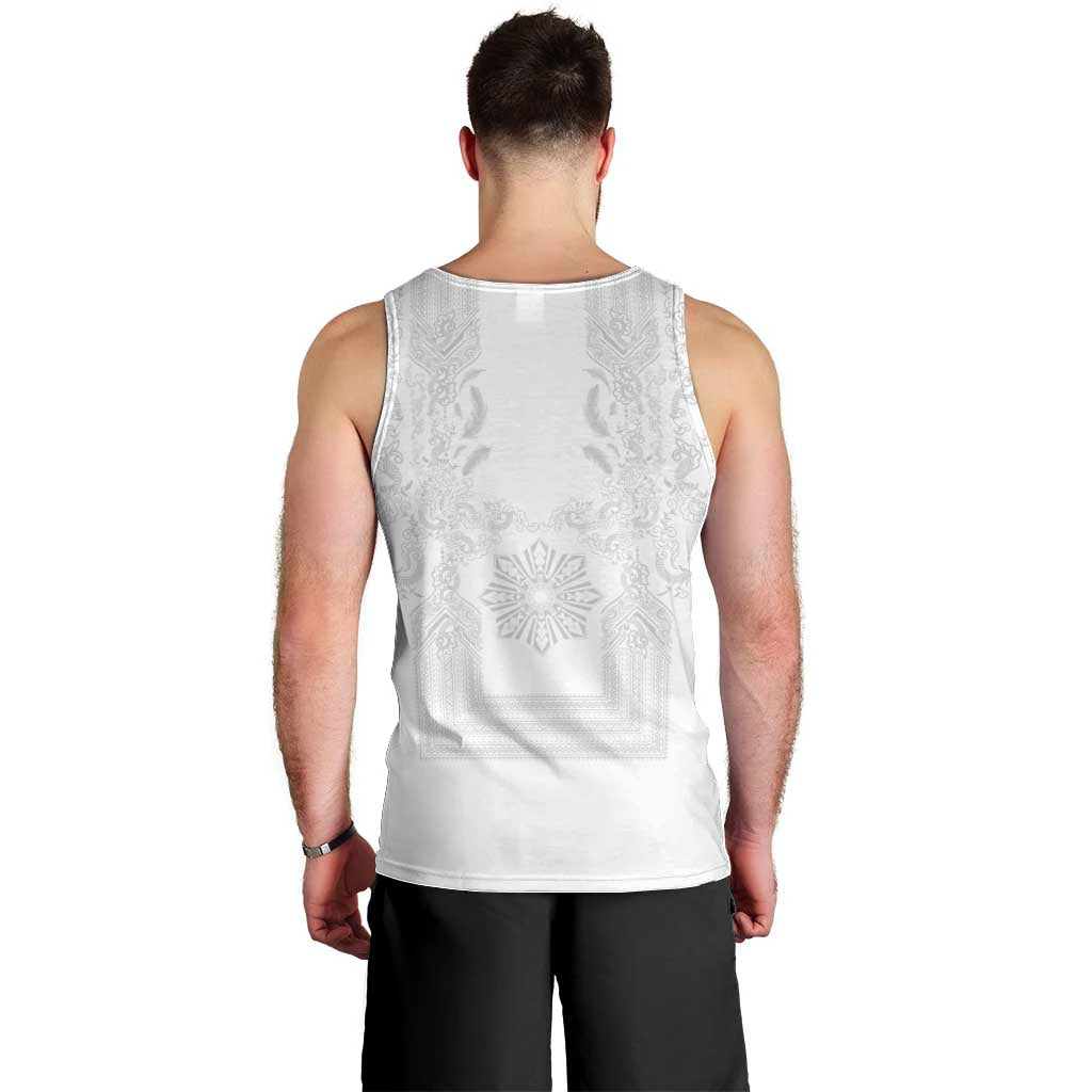 Philippines Barong Style Men Tank Top with Polynesian Art and Leaf Motif White Color LT03 - Polynesian Pride
