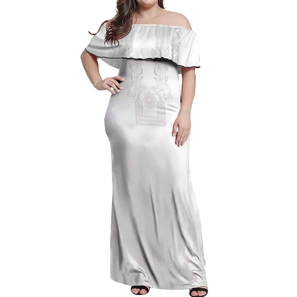 Philippines Barong Style Off Shoulder Maxi Dress with Polynesian Art and Leaf Motif White Color LT03 Women White - Polynesian Pride