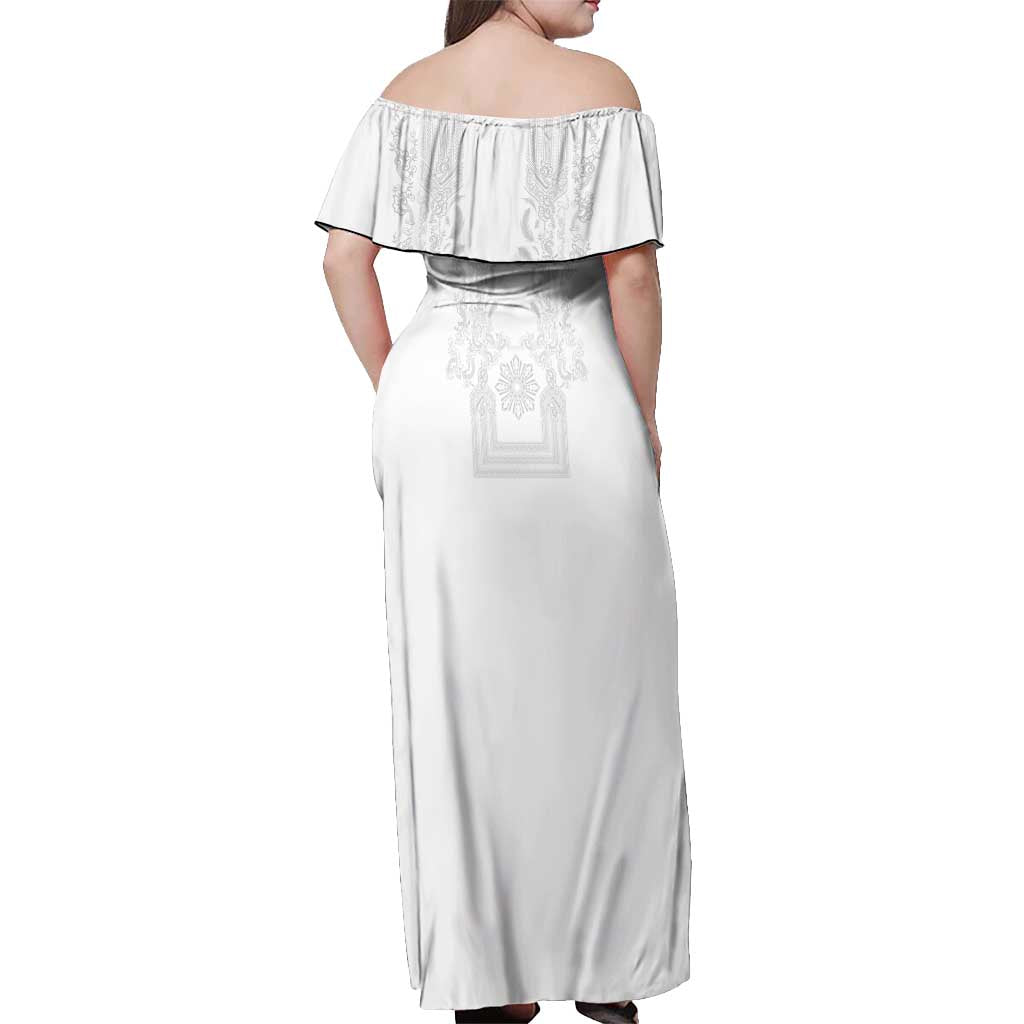 Philippines Barong Style Off Shoulder Maxi Dress with Polynesian Art and Leaf Motif White Color LT03 - Polynesian Pride