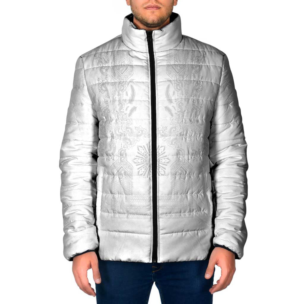 Philippines Barong Style Padded Jacket with Polynesian Art and Leaf Motif White Color LT03 Men White - Polynesian Pride