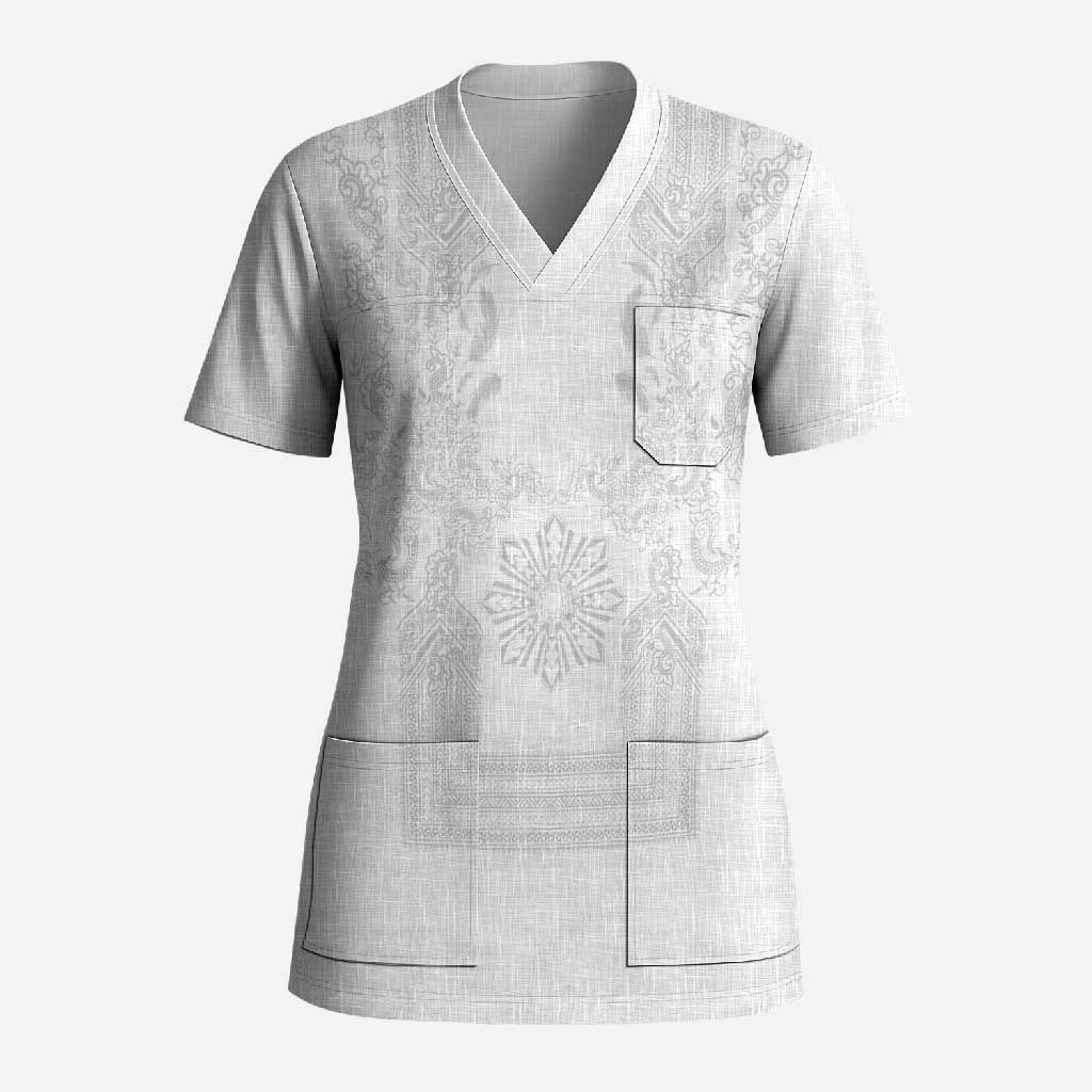 Philippines Barong Style Scrub Top with Polynesian Art and Leaf Motif White Color LT03 Adult White - Polynesian Pride