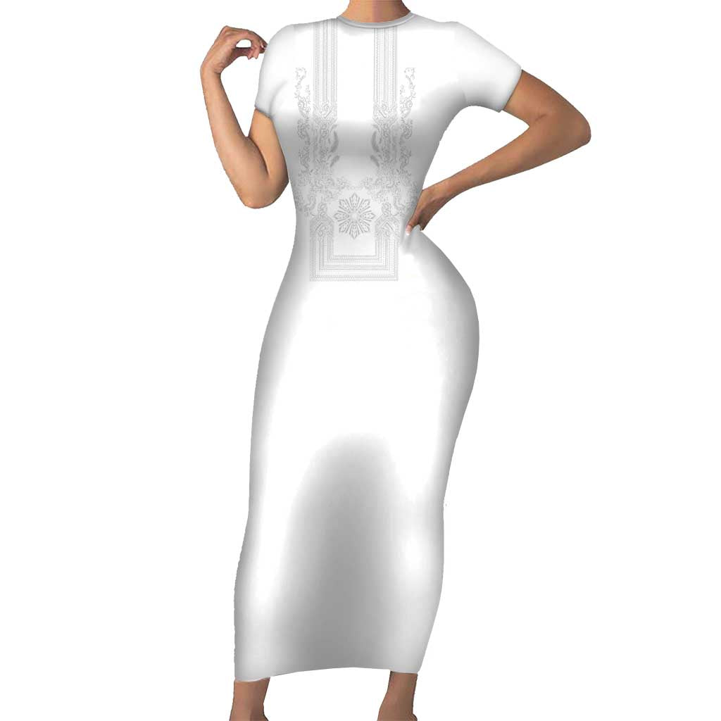 Philippines Barong Style Short Sleeve Bodycon Dress with Polynesian Art and Leaf Motif White Color