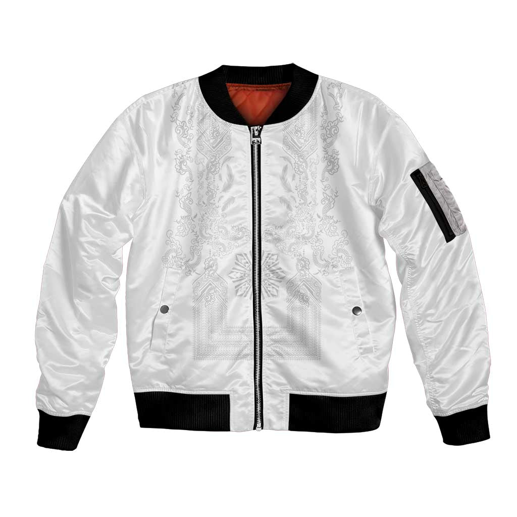 Philippines Barong Style Sleeve Zip Bomber Jacket with Polynesian Art and Leaf Motif White Color LT03 Unisex White - Polynesian Pride