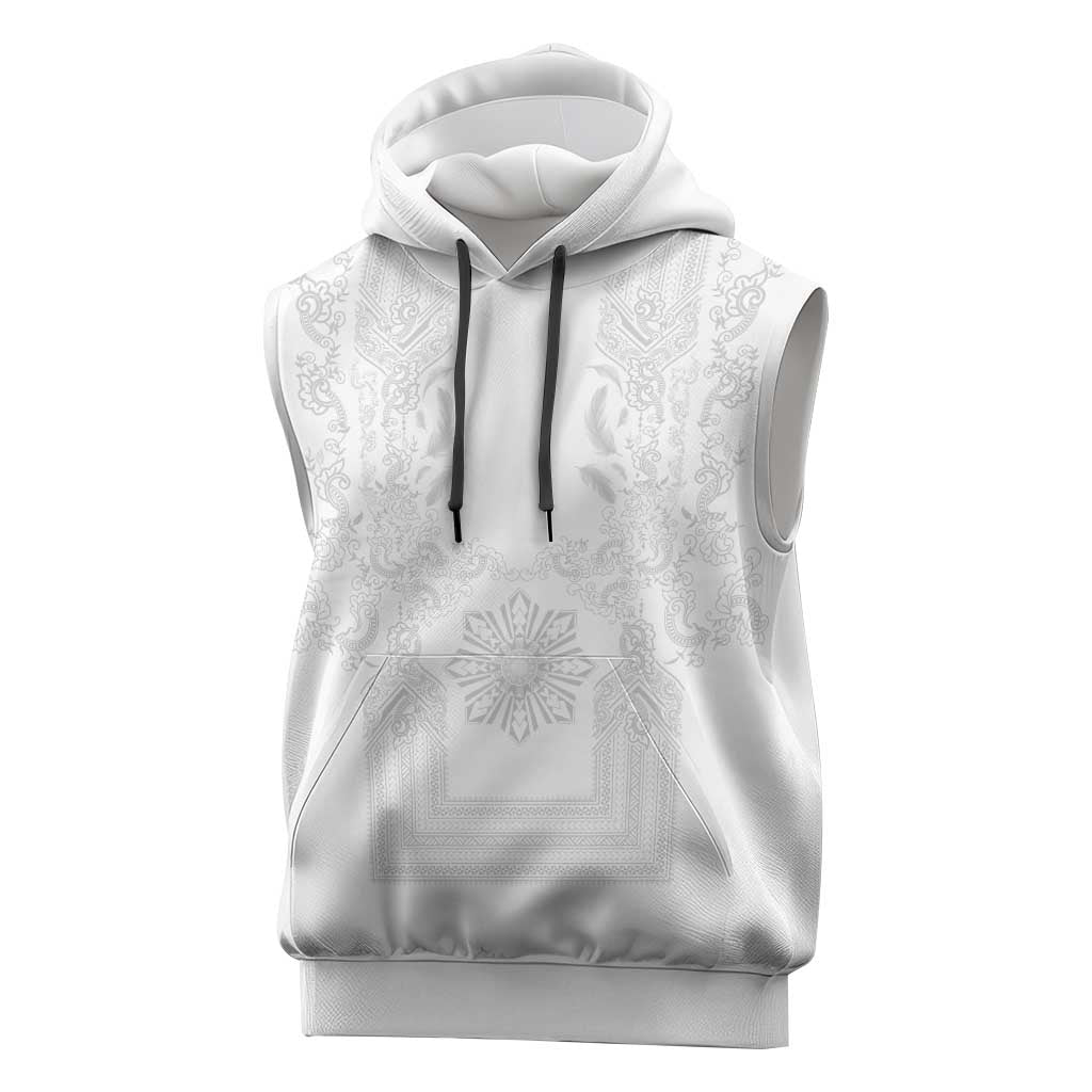 Philippines Barong Style Sleeveless Hoodie with Polynesian Art and Leaf Motif White Color LT03 White - Polynesian Pride