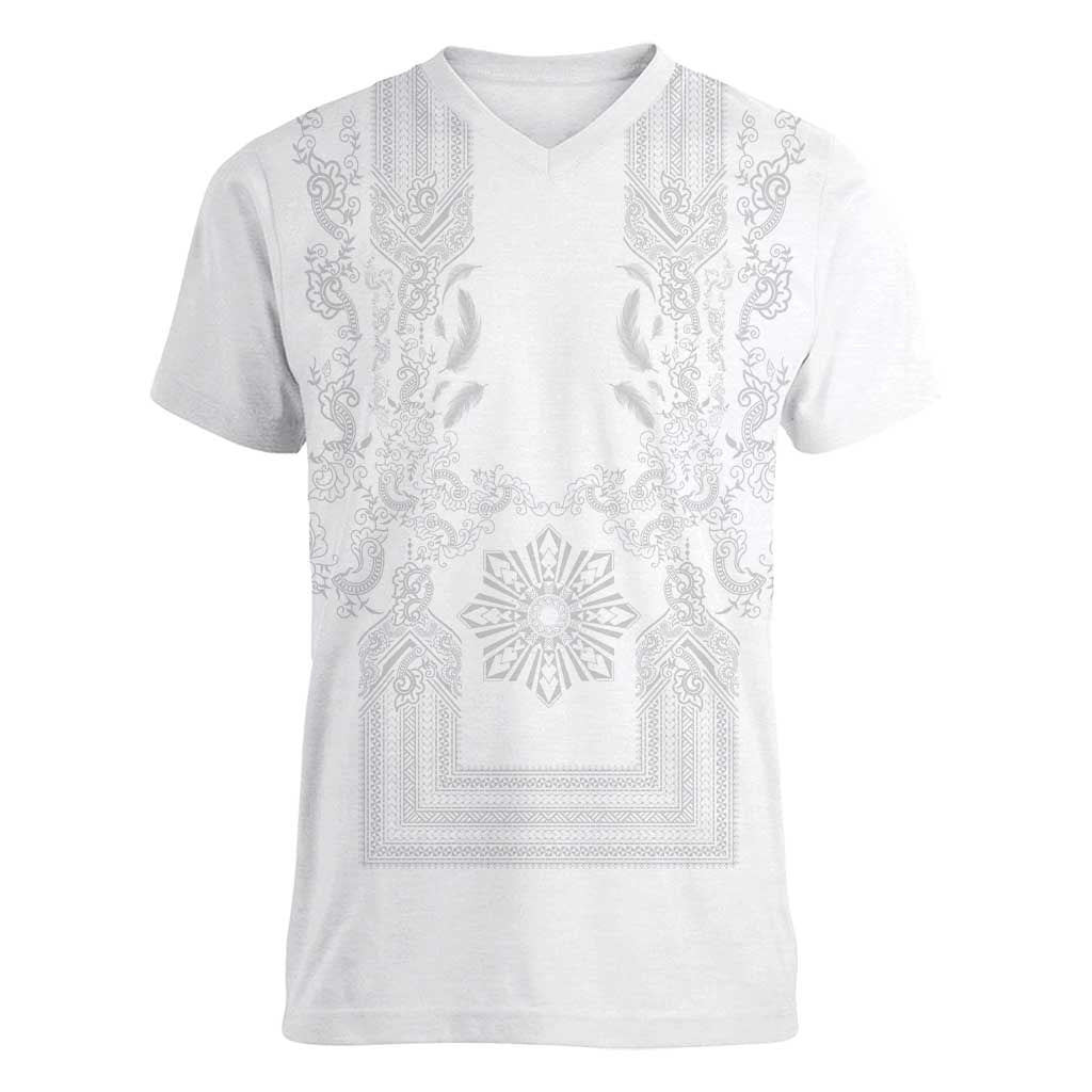 Philippines Barong Style Women V-Neck T-Shirt with Polynesian Art and Leaf Motif White Color