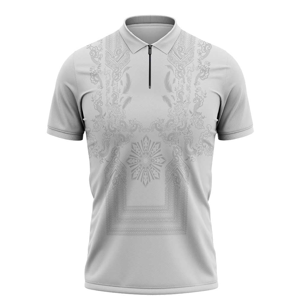 Philippines Barong Style Zipper Polo Shirt with Polynesian Art and Leaf Motif White Color LT03 White - Polynesian Pride