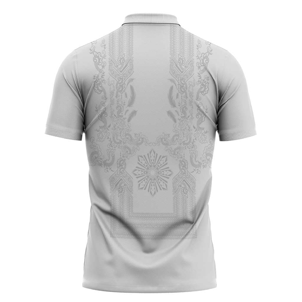 Philippines Barong Style Zipper Polo Shirt with Polynesian Art and Leaf Motif White Color LT03 - Polynesian Pride