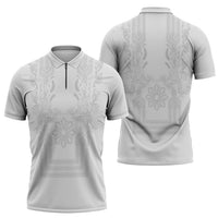 Philippines Barong Style Zipper Polo Shirt with Polynesian Art and Leaf Motif White Color LT03 - Polynesian Pride
