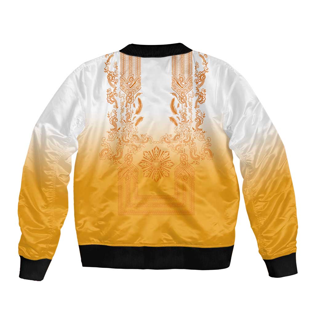 Philippines Barong Style Bomber Jacket with Polynesian Art and Leaf Motif Yellow Color
