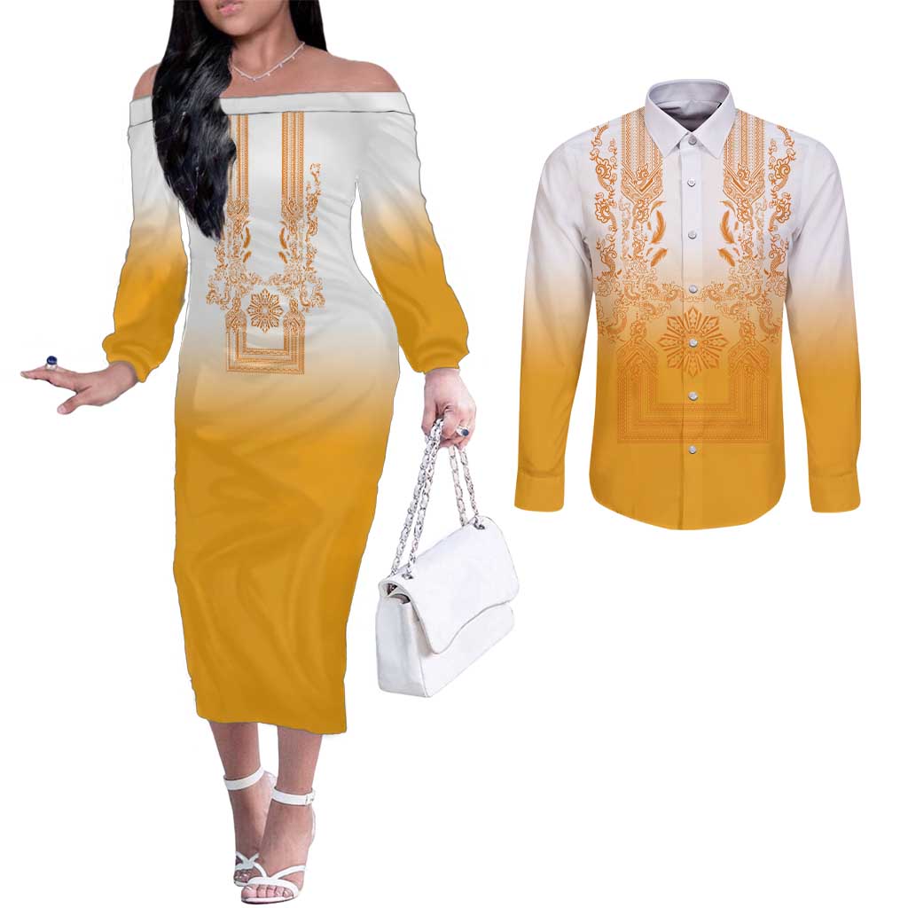 Philippines Barong Style Couples Matching Off The Shoulder Long Sleeve Dress and Long Sleeve Button Shirt with Polynesian Art and Leaf Motif Yellow Color LT03 Yellow - Polynesian Pride