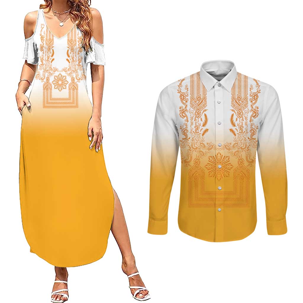 Philippines Barong Style Couples Matching Summer Maxi Dress and Long Sleeve Button Shirt with Polynesian Art and Leaf Motif Yellow Color