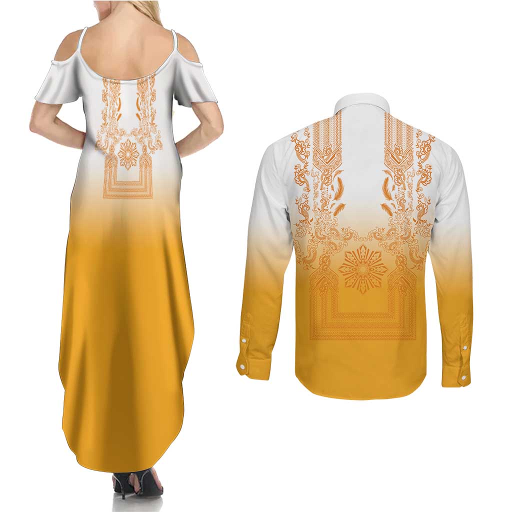 Philippines Barong Style Couples Matching Summer Maxi Dress and Long Sleeve Button Shirt with Polynesian Art and Leaf Motif Yellow Color