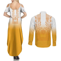 Philippines Barong Style Couples Matching Summer Maxi Dress and Long Sleeve Button Shirt with Polynesian Art and Leaf Motif Yellow Color