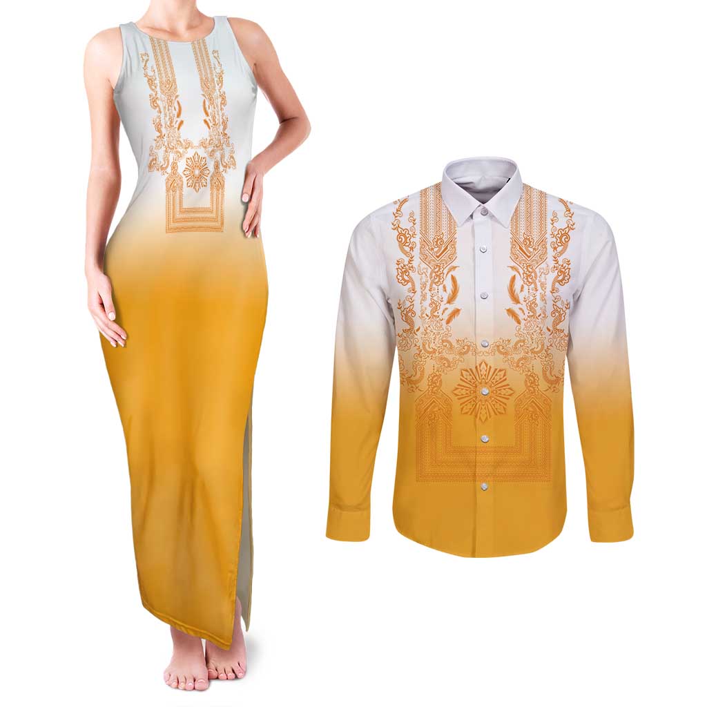 Philippines Barong Style Couples Matching Tank Maxi Dress and Long Sleeve Button Shirt with Polynesian Art and Leaf Motif Yellow Color