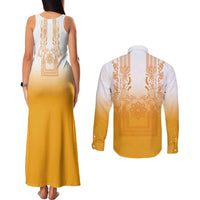 Philippines Barong Style Couples Matching Tank Maxi Dress and Long Sleeve Button Shirt with Polynesian Art and Leaf Motif Yellow Color