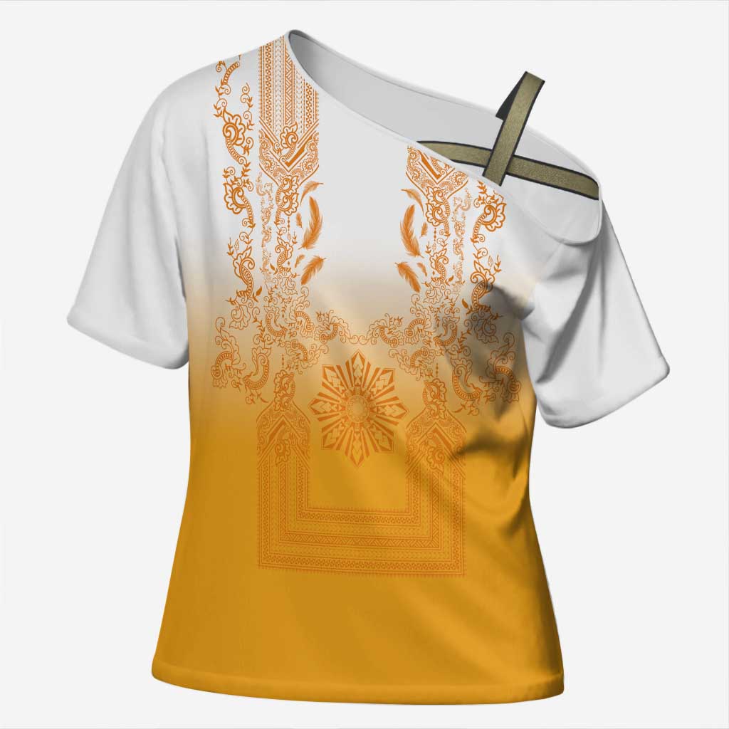 Philippines Barong Style Cross Shoulder Shirt with Polynesian Art and Leaf Motif Yellow Color LT03 Female Yellow - Polynesian Pride