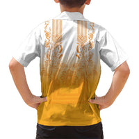 Philippines Barong Style Family Matching Mermaid Dress and Hawaiian Shirt with Polynesian Art and Leaf Motif Yellow Color