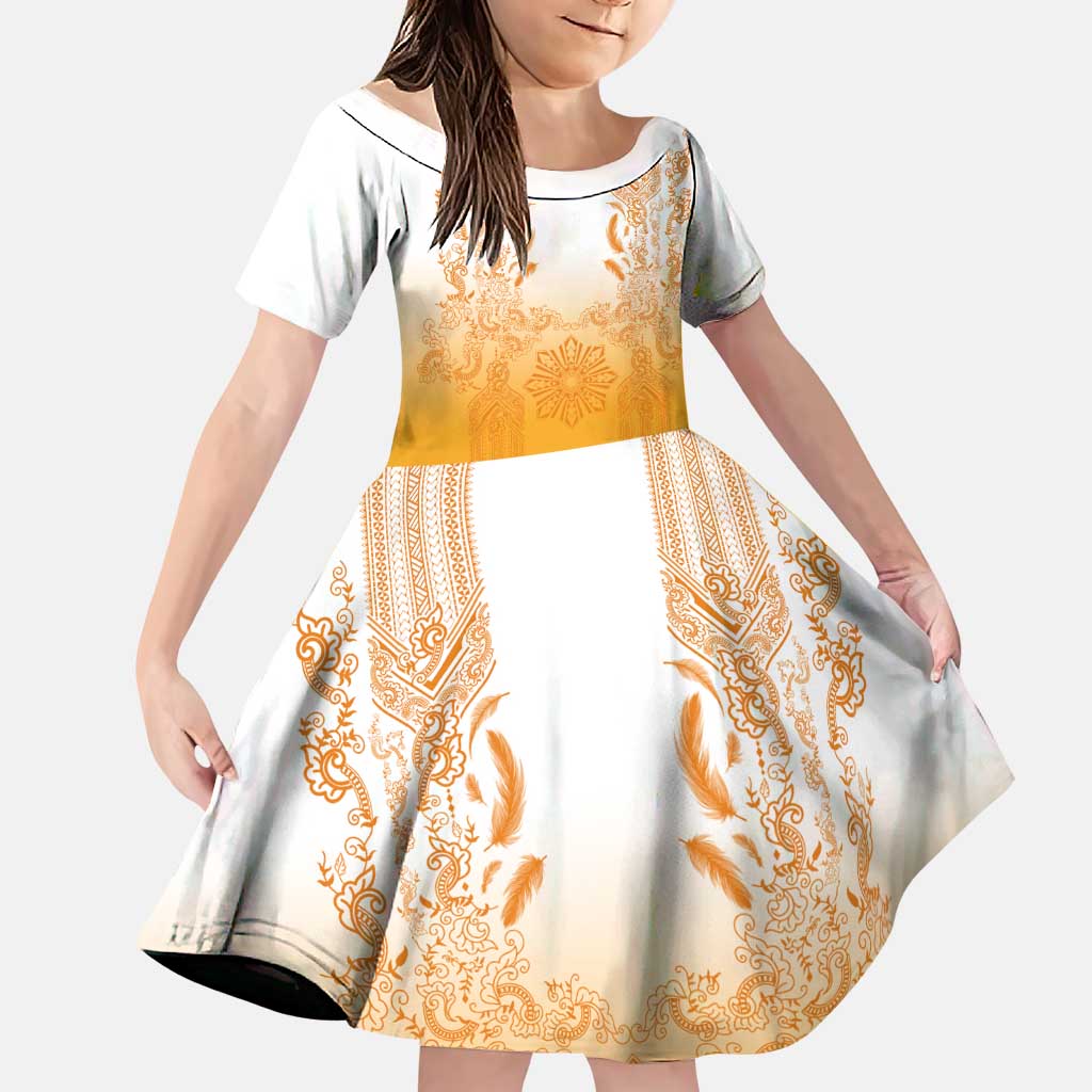 Philippines Barong Style Family Matching Mermaid Dress and Hawaiian Shirt with Polynesian Art and Leaf Motif Yellow Color