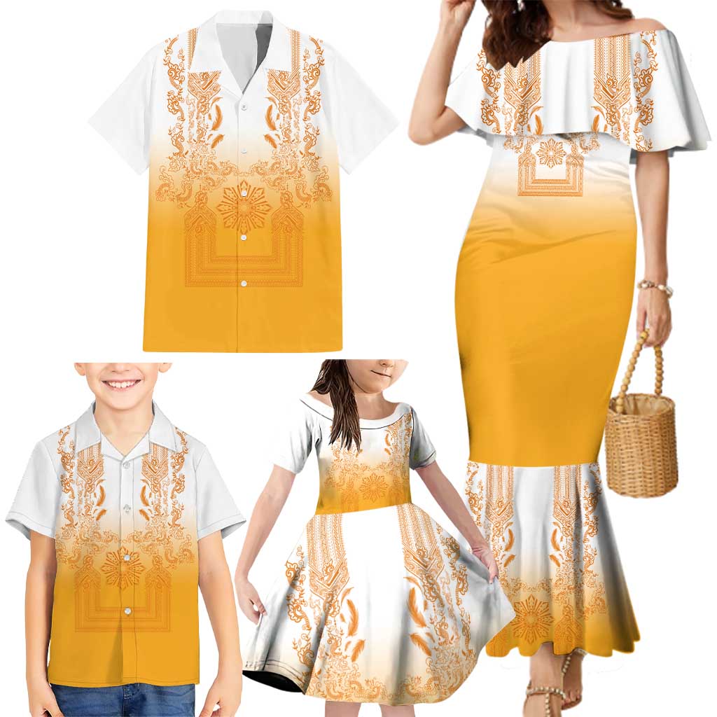 Philippines Barong Style Family Matching Mermaid Dress and Hawaiian Shirt with Polynesian Art and Leaf Motif Yellow Color
