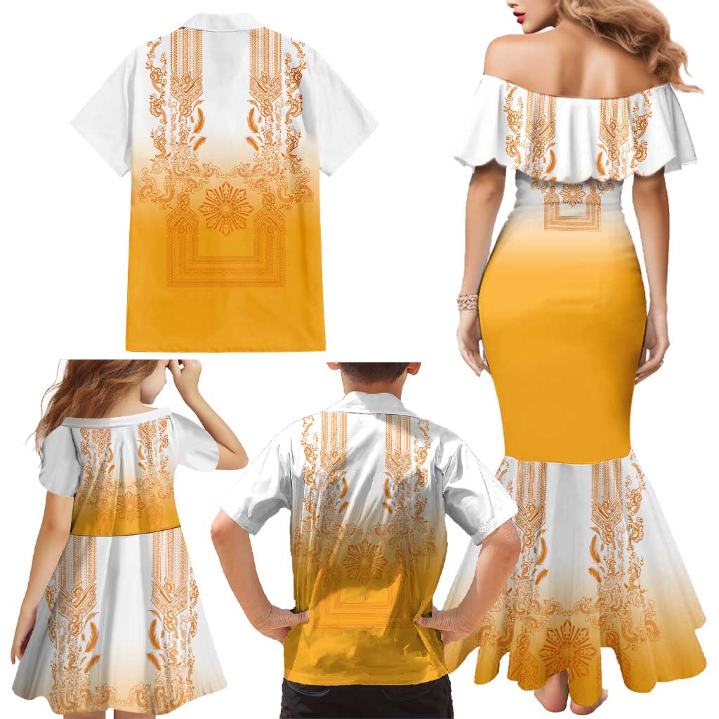 Philippines Barong Style Family Matching Mermaid Dress and Hawaiian Shirt with Polynesian Art and Leaf Motif Yellow Color