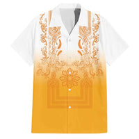 Philippines Barong Style Family Matching Mermaid Dress and Hawaiian Shirt with Polynesian Art and Leaf Motif Yellow Color