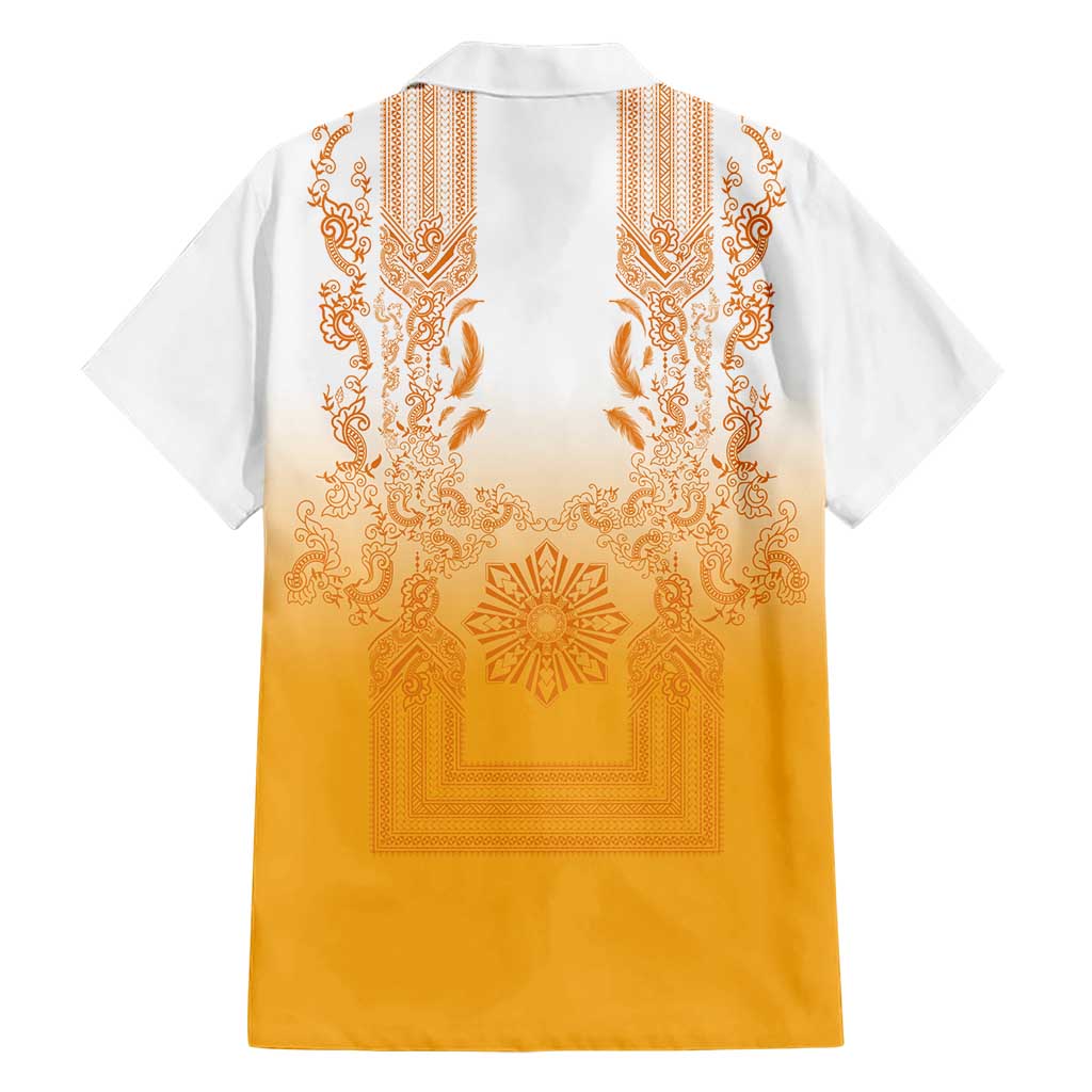 Philippines Barong Style Family Matching Mermaid Dress and Hawaiian Shirt with Polynesian Art and Leaf Motif Yellow Color