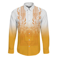 Philippines Barong Style Family Matching Mermaid Dress and Hawaiian Shirt with Polynesian Art and Leaf Motif Yellow Color