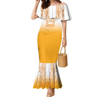 Philippines Barong Style Family Matching Mermaid Dress and Hawaiian Shirt with Polynesian Art and Leaf Motif Yellow Color