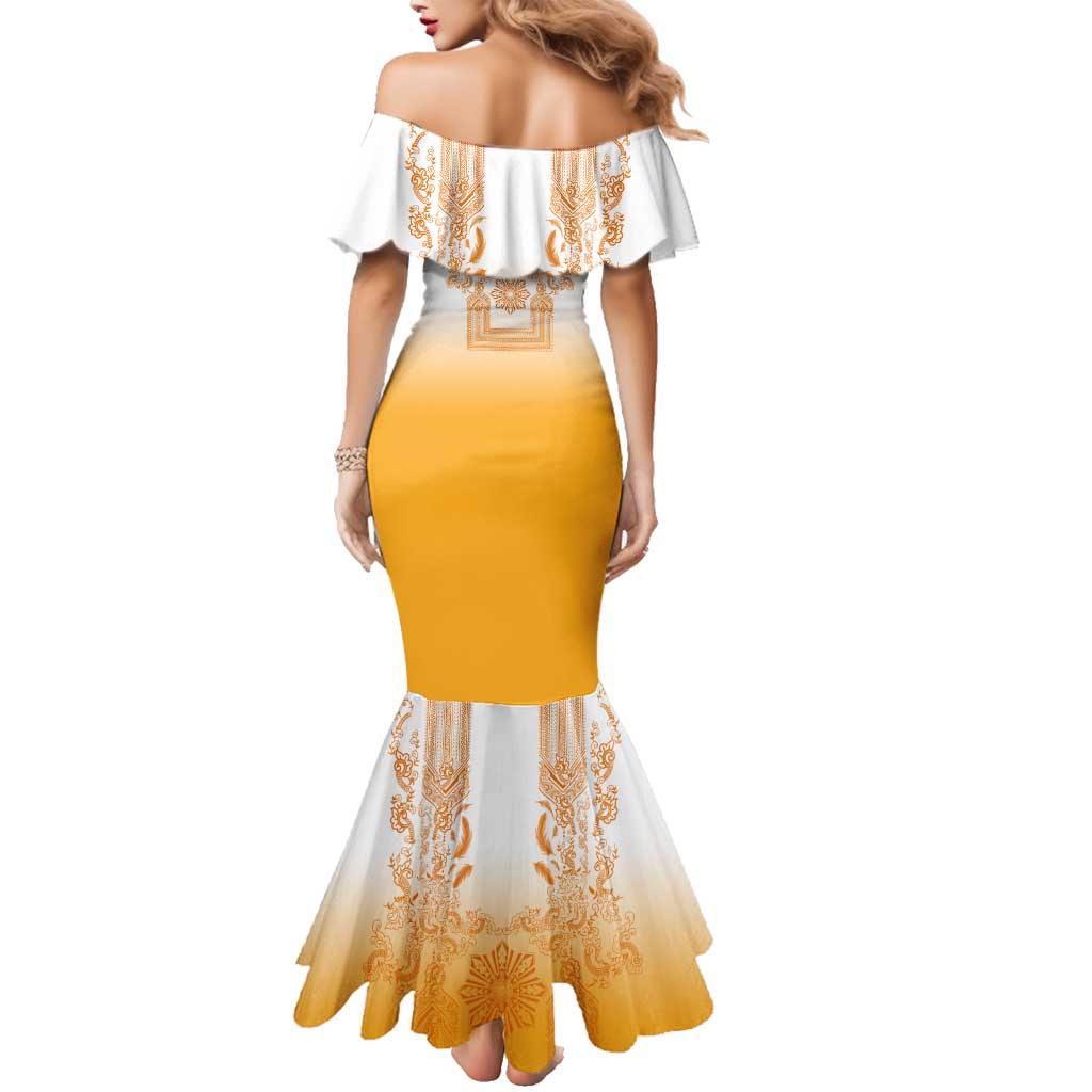 Philippines Barong Style Family Matching Mermaid Dress and Hawaiian Shirt with Polynesian Art and Leaf Motif Yellow Color