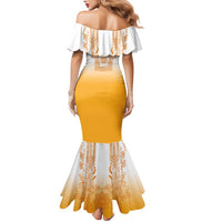 Philippines Barong Style Family Matching Mermaid Dress and Hawaiian Shirt with Polynesian Art and Leaf Motif Yellow Color