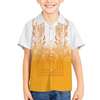 Philippines Barong Style Family Matching Mermaid Dress and Hawaiian Shirt with Polynesian Art and Leaf Motif Yellow Color