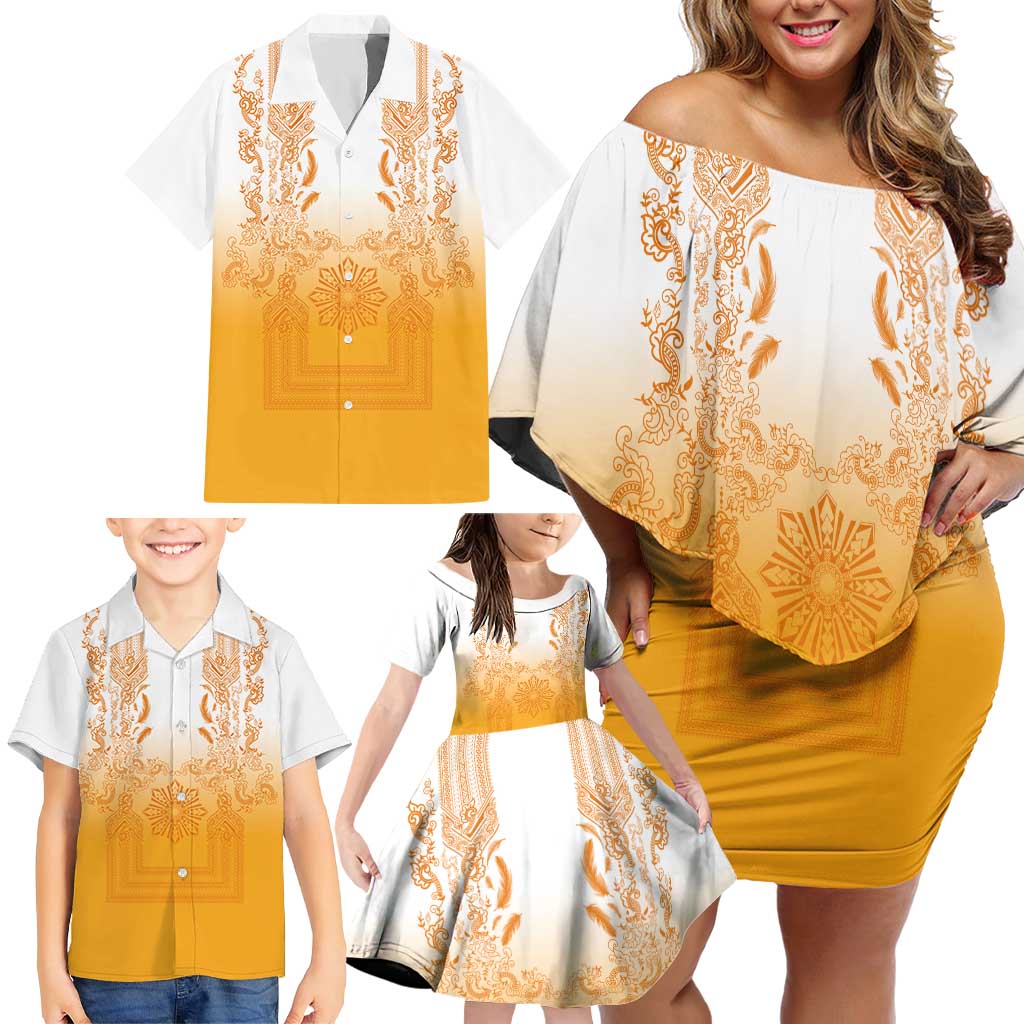 Philippines Barong Style Family Matching Off Shoulder Short Dress and Hawaiian Shirt with Polynesian Art and Leaf Motif Yellow Color LT03 - Polynesian Pride