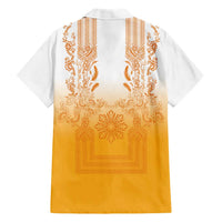 Philippines Barong Style Family Matching Off Shoulder Short Dress and Hawaiian Shirt with Polynesian Art and Leaf Motif Yellow Color LT03 - Polynesian Pride