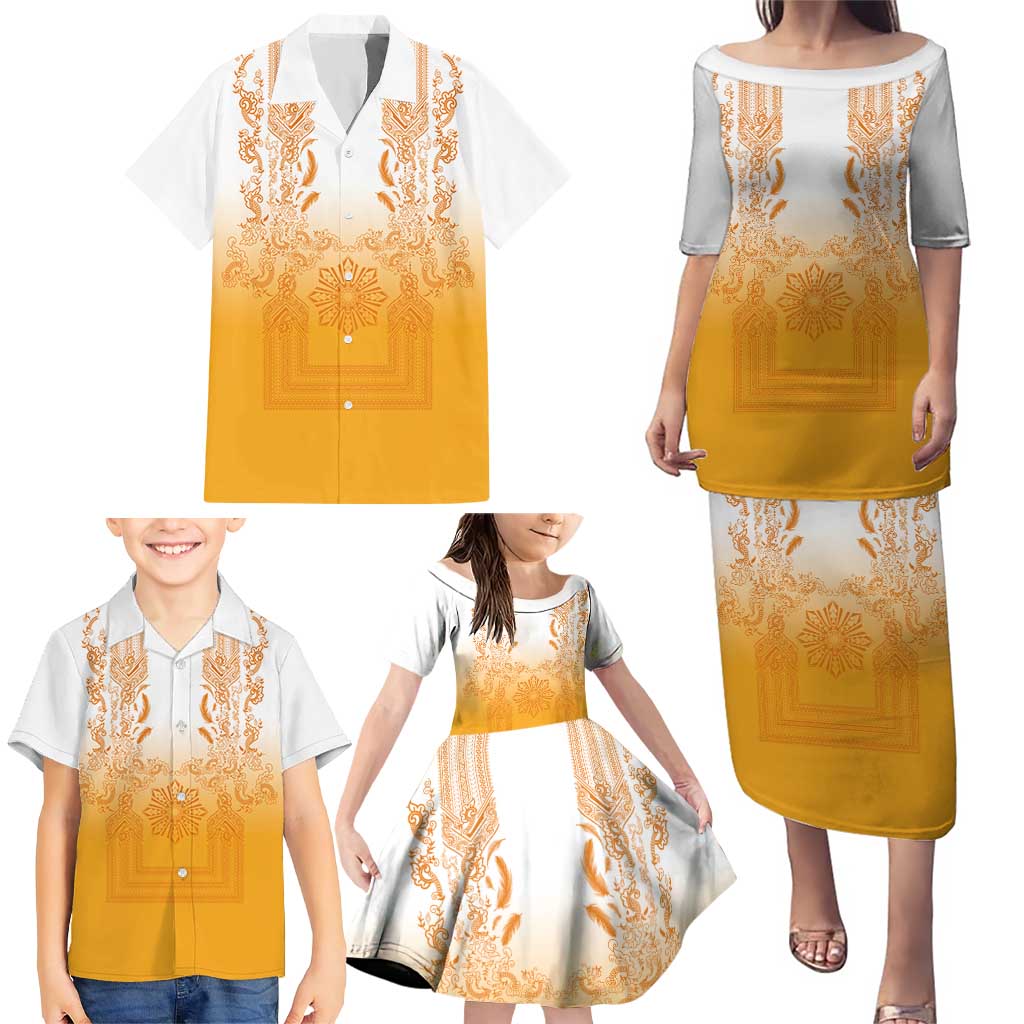 Philippines Barong Style Family Matching Puletasi and Hawaiian Shirt with Polynesian Art and Leaf Motif Yellow Color LT03 - Polynesian Pride