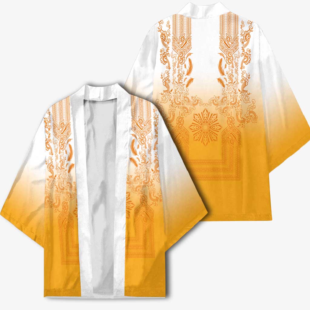 Philippines Barong Style Kimono with Polynesian Art and Leaf Motif Yellow Color LT03 - Polynesian Pride