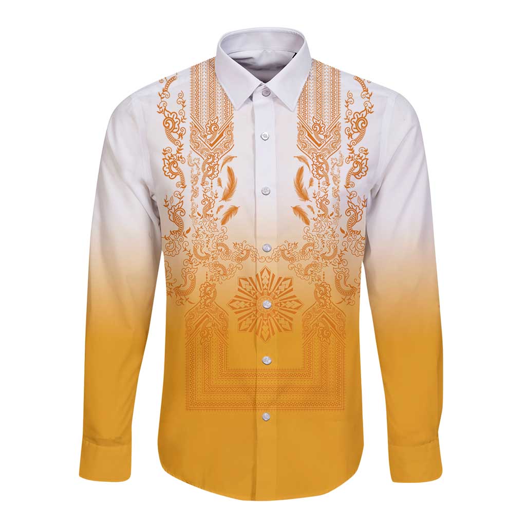 Philippines Barong Style Long Sleeve Button Shirt with Polynesian Art and Leaf Motif Yellow Color LT03 Unisex Yellow - Polynesian Pride