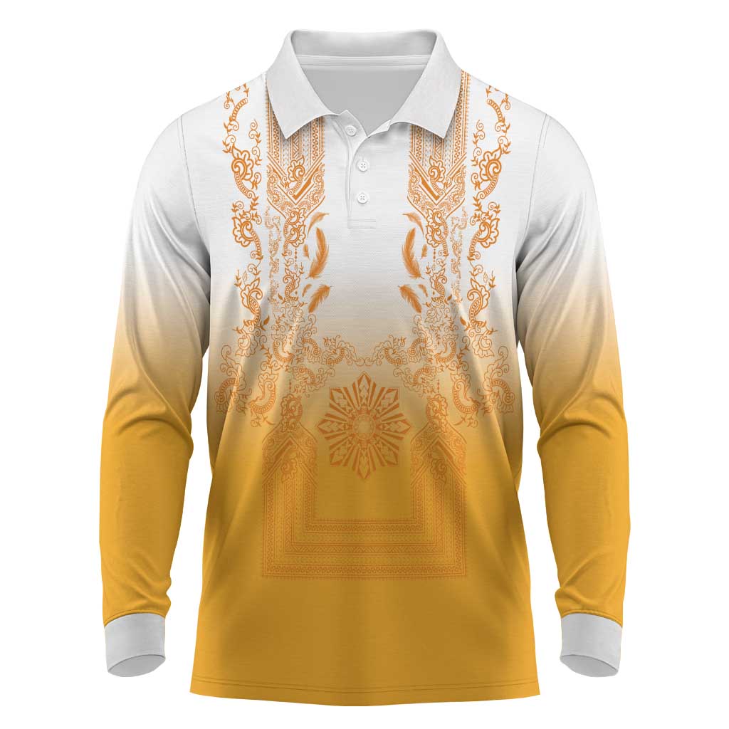 Philippines Barong Style Long Sleeve Polo Shirt with Polynesian Art and Leaf Motif Yellow Color