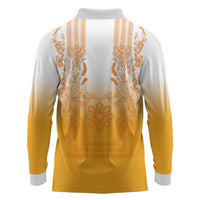 Philippines Barong Style Long Sleeve Polo Shirt with Polynesian Art and Leaf Motif Yellow Color
