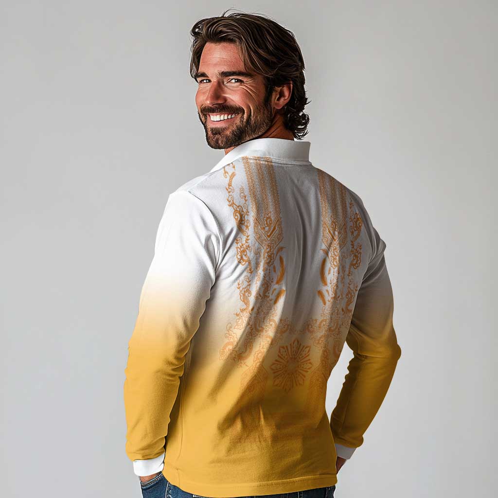 Philippines Barong Style Long Sleeve Polo Shirt with Polynesian Art and Leaf Motif Yellow Color
