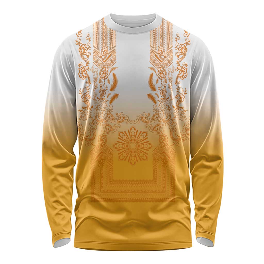 Philippines Barong Style Long Sleeve Shirt with Polynesian Art and Leaf Motif Yellow Color LT03 Unisex Yellow - Polynesian Pride