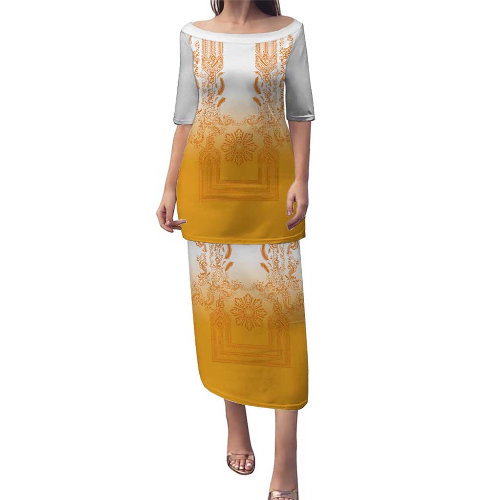 Philippines Barong Style Puletasi with Polynesian Art and Leaf Motif Yellow Color LT03 Long Dress Yellow - Polynesian Pride