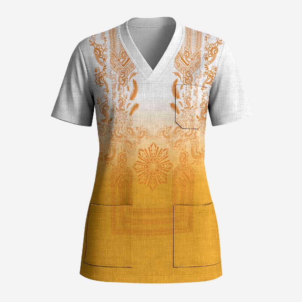 Philippines Barong Style Scrub Top with Polynesian Art and Leaf Motif Yellow Color LT03 Adult Yellow - Polynesian Pride
