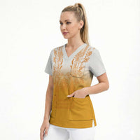 Philippines Barong Style Scrub Top with Polynesian Art and Leaf Motif Yellow Color LT03 - Polynesian Pride
