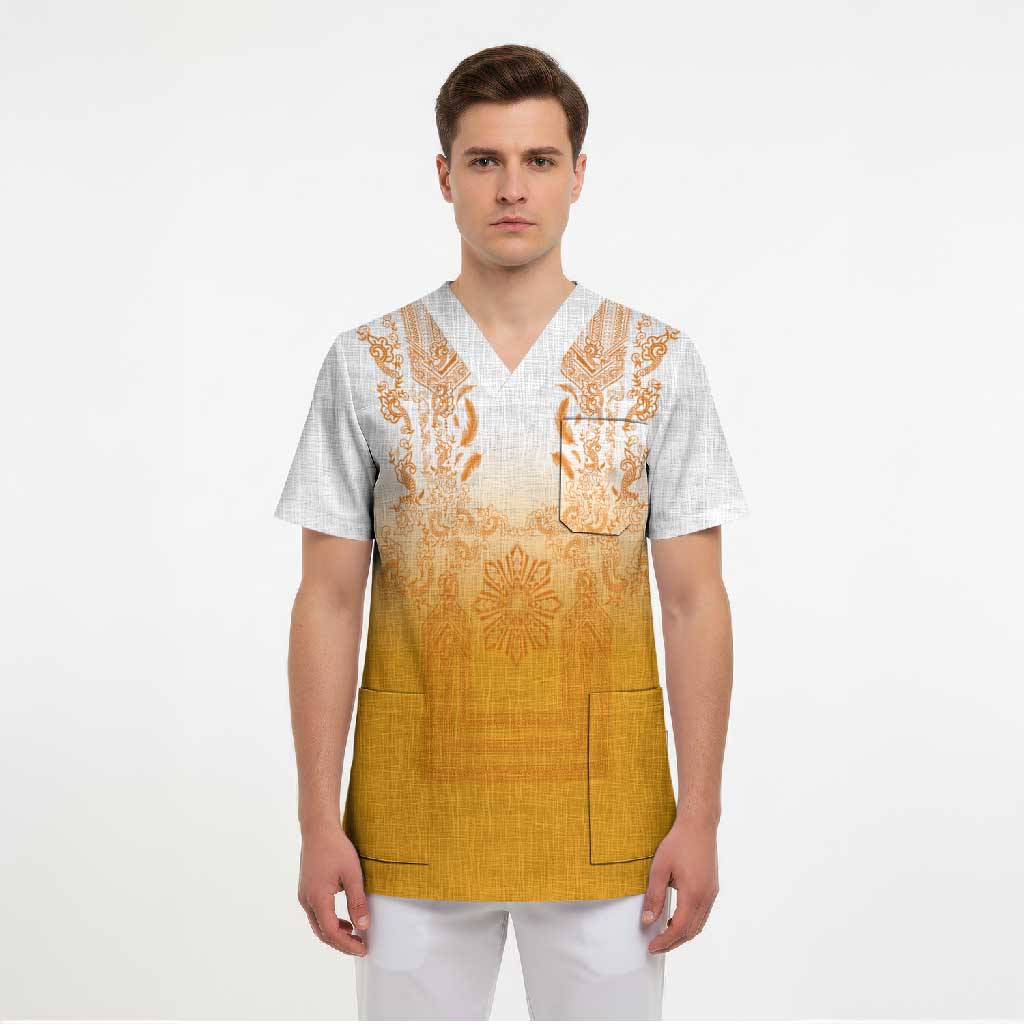 Philippines Barong Style Scrub Top with Polynesian Art and Leaf Motif Yellow Color LT03 - Polynesian Pride
