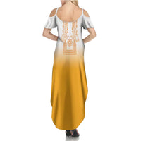 Philippines Barong Style Summer Maxi Dress with Polynesian Art and Leaf Motif Yellow Color LT03 - Polynesian Pride