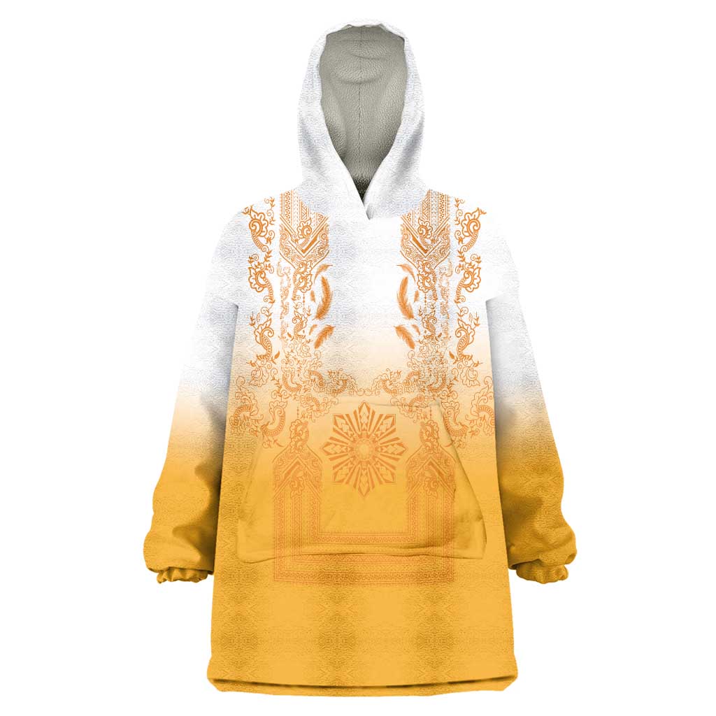 Philippines Barong Style Wearable Blanket Hoodie with Polynesian Art and Leaf Motif Yellow Color